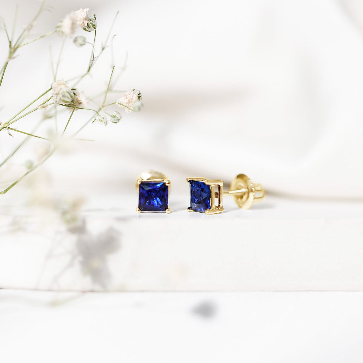 1.4 Carat Princess Cut Lab Created Blue Sapphire Solitaire Stud Earrings