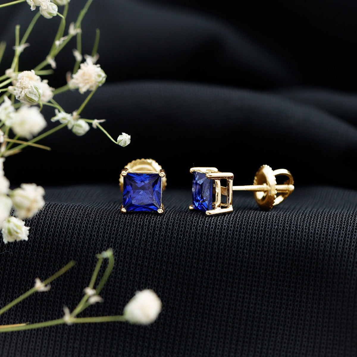 1.4 Carat Princess Cut Lab Created Blue Sapphire Solitaire Stud Earrings