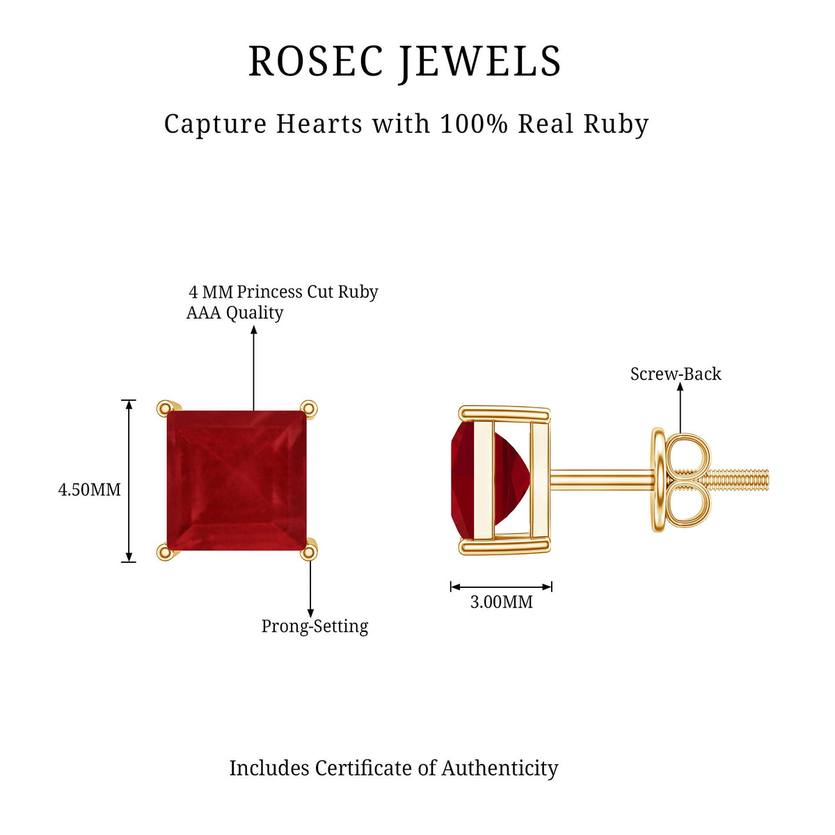 0.9 Carat Princess Cut Ruby Solitaire Stud Earrings