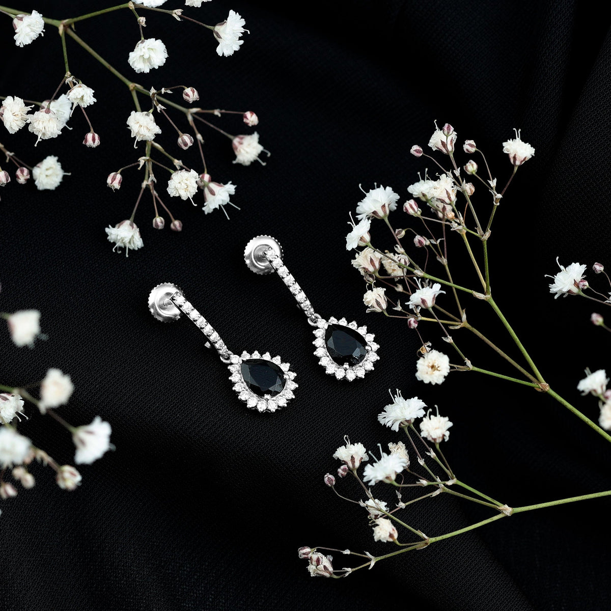 Black Onyx and Moissanite Bridal Teardrop Earrings