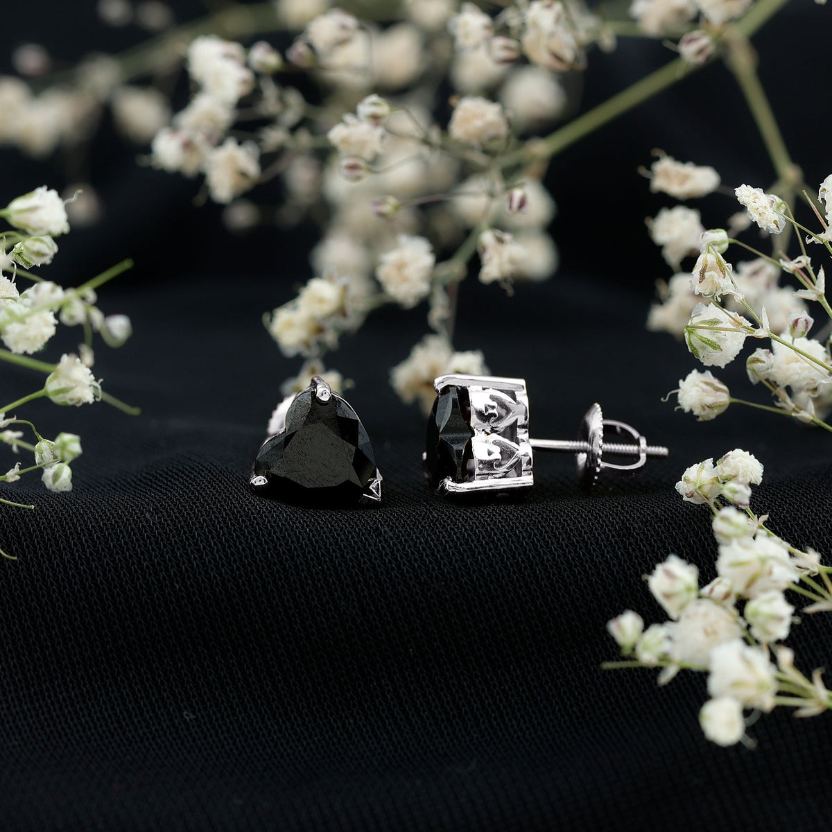 4.2 Carat Heart Shape Black Onyx Solitaire Stud Earrings in 3 Prong Setting