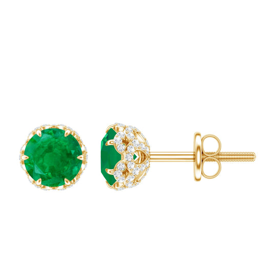 Designer Emerald Diamond Stud Earrings with Screw Back