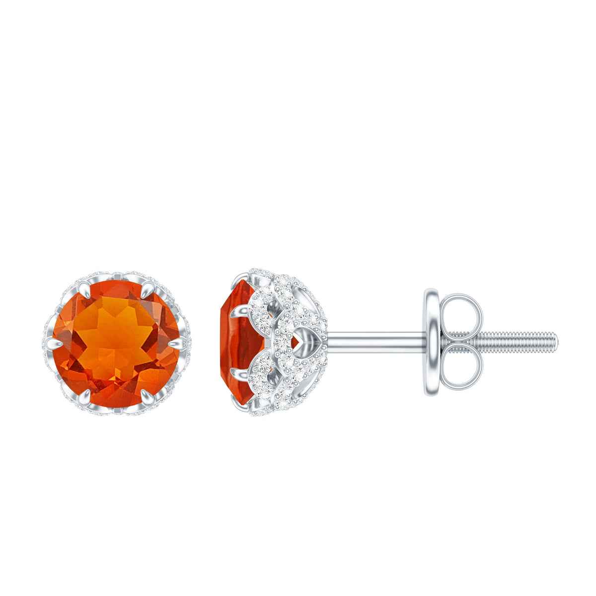 Designer Orange Fire Opal Stud Earrings with Diamond