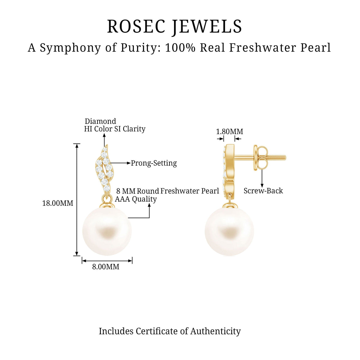 14.9 Carat Genuine Freshwater Pearl and Diamond Drop Earrings with Certificate