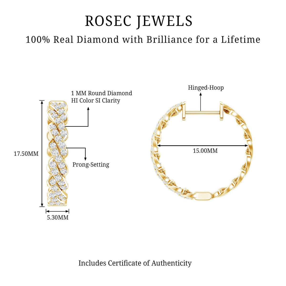 Certified Natural Diamond Twisted Hoop Earrings with Round Brilliant Stones