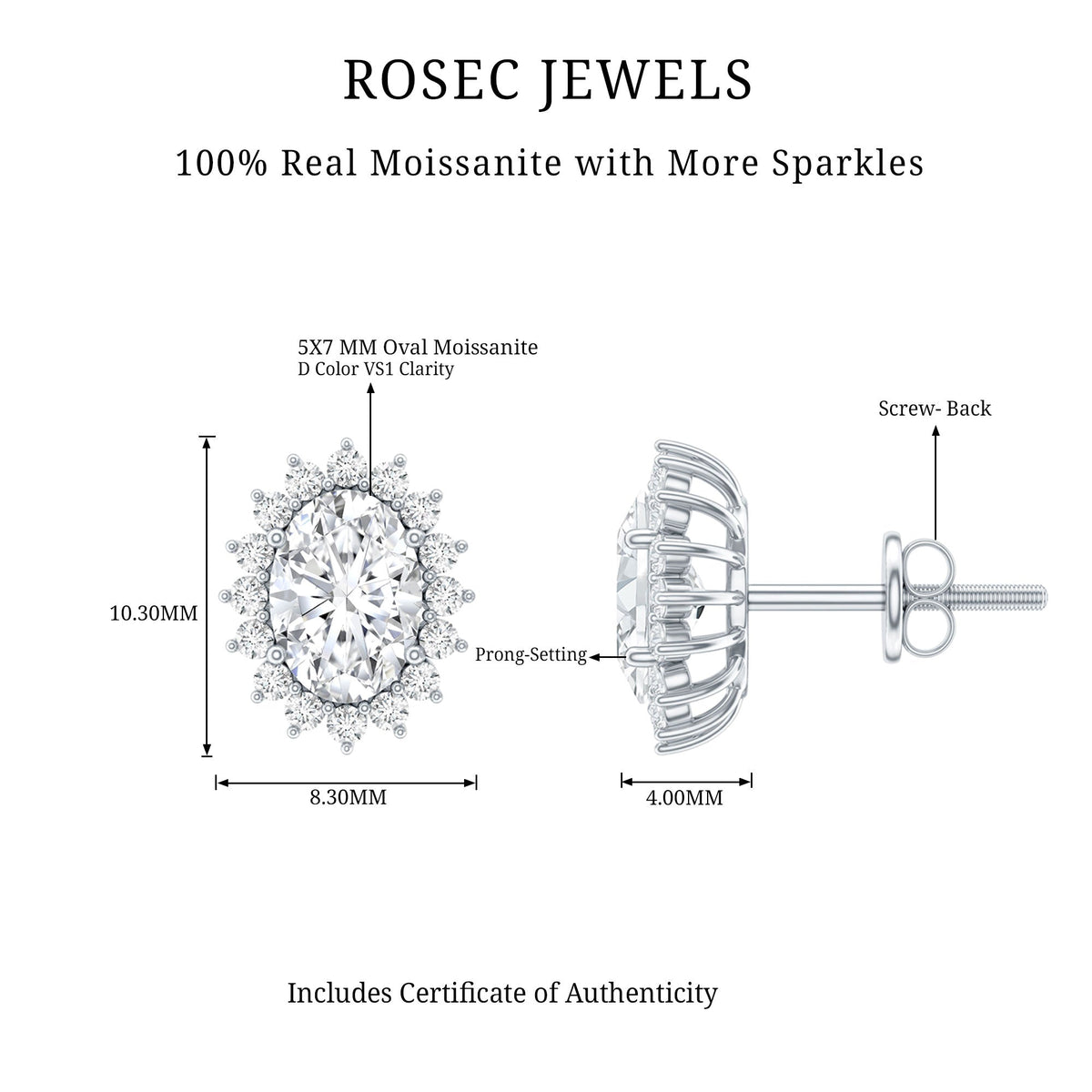 1.9 Carat Oval Moissanite Classic Stud Earrings With Halo