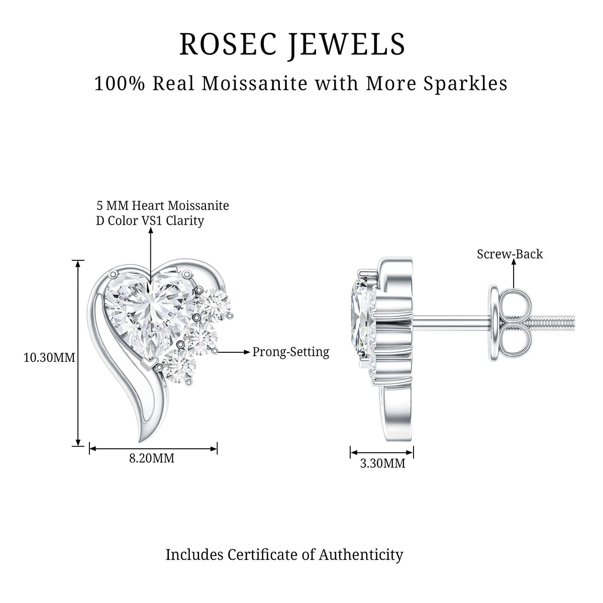 1 Carat Moissanite Heart Stud Earrings in Sterling Silver