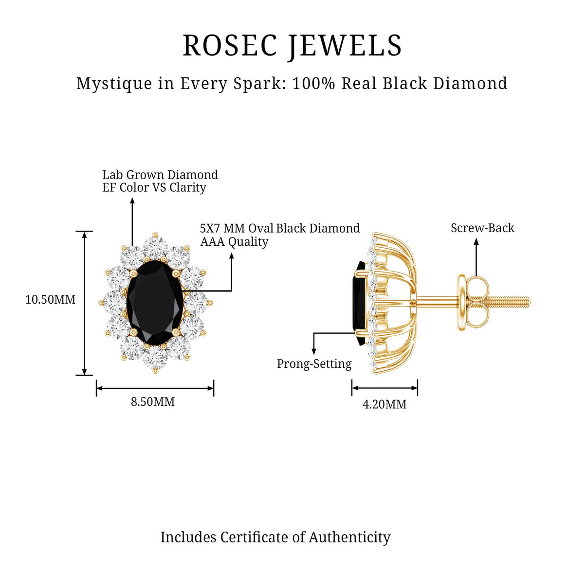2 Carat Oval Shaped Black and White Diamond Stud Earrings in Yellow Gold Plated Silver
