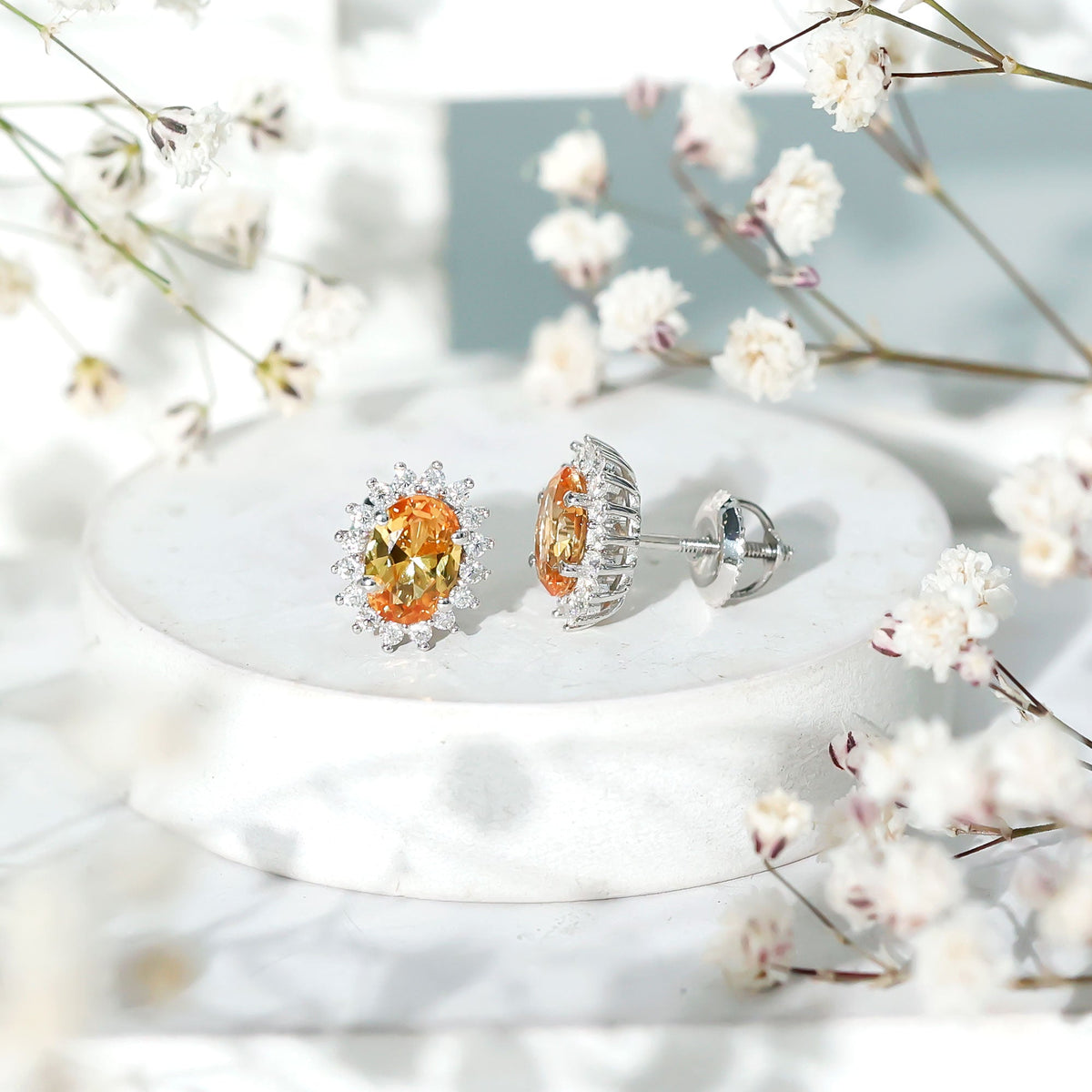 2 Carat Lab Grown Yellow Sapphire Stud Earrings with Halo