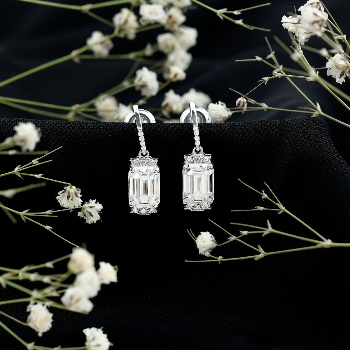 3.5 Carat Emerald Cut Moissanite Drop Earrings for Women in Silver