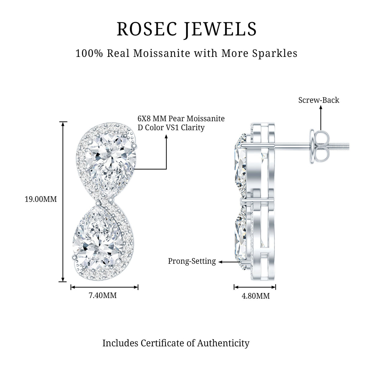 5 Carat Designer Moissanite Big Stud Earrings with Certificate