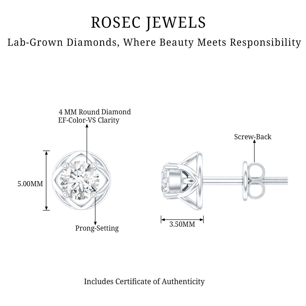 0.50 Carat Round Brilliant Diamond Solitaire Stud Earrings with Screw Back