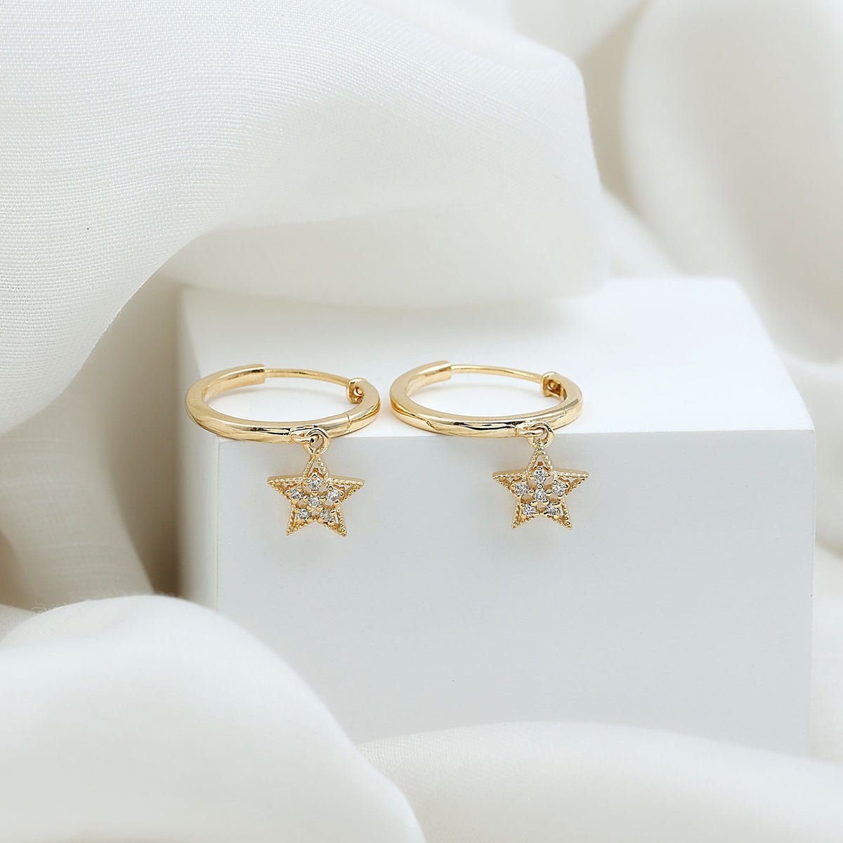 Diamond Star Drop Hoop Earrings