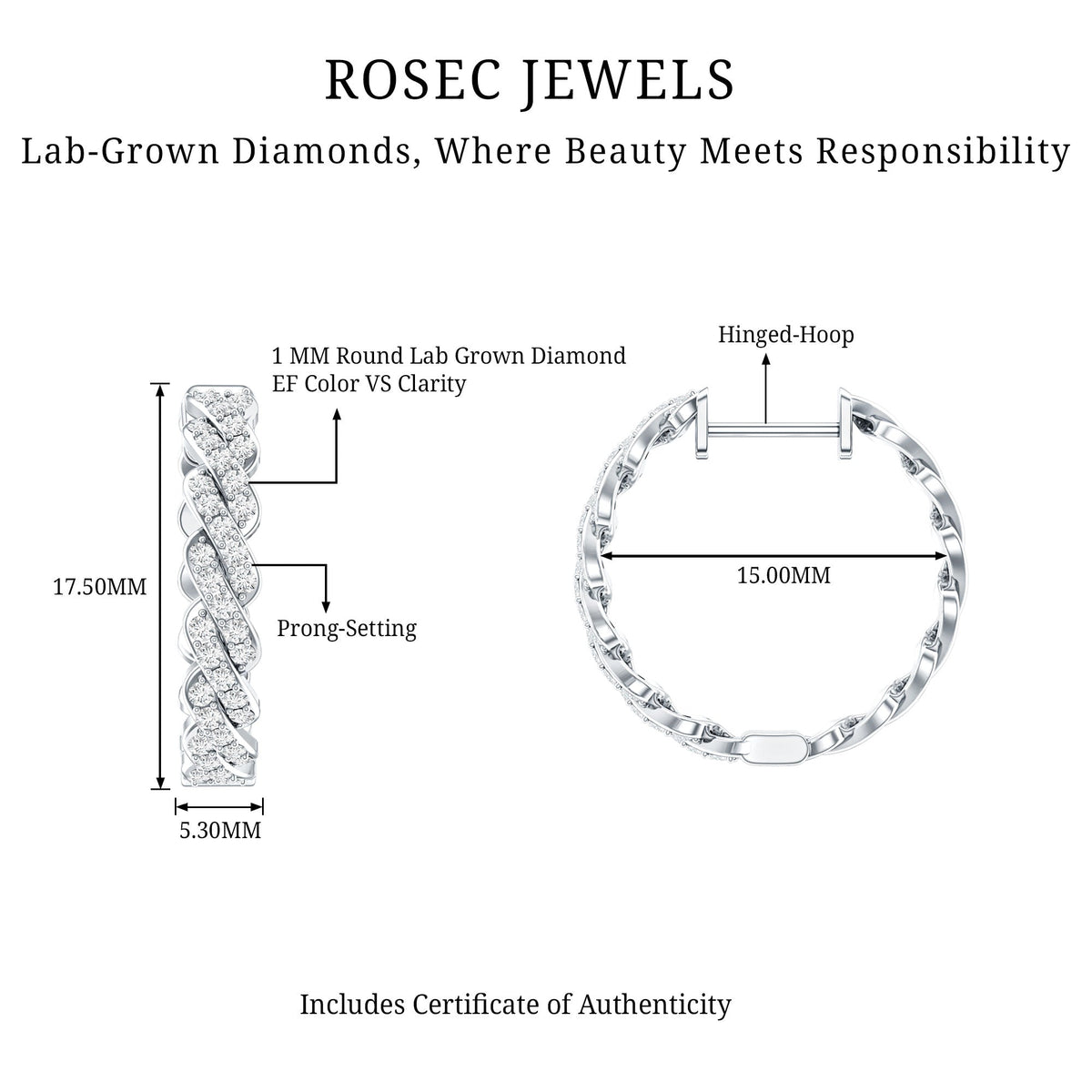 Certified Natural Diamond Twisted Hoop Earrings with Round Brilliant Stones