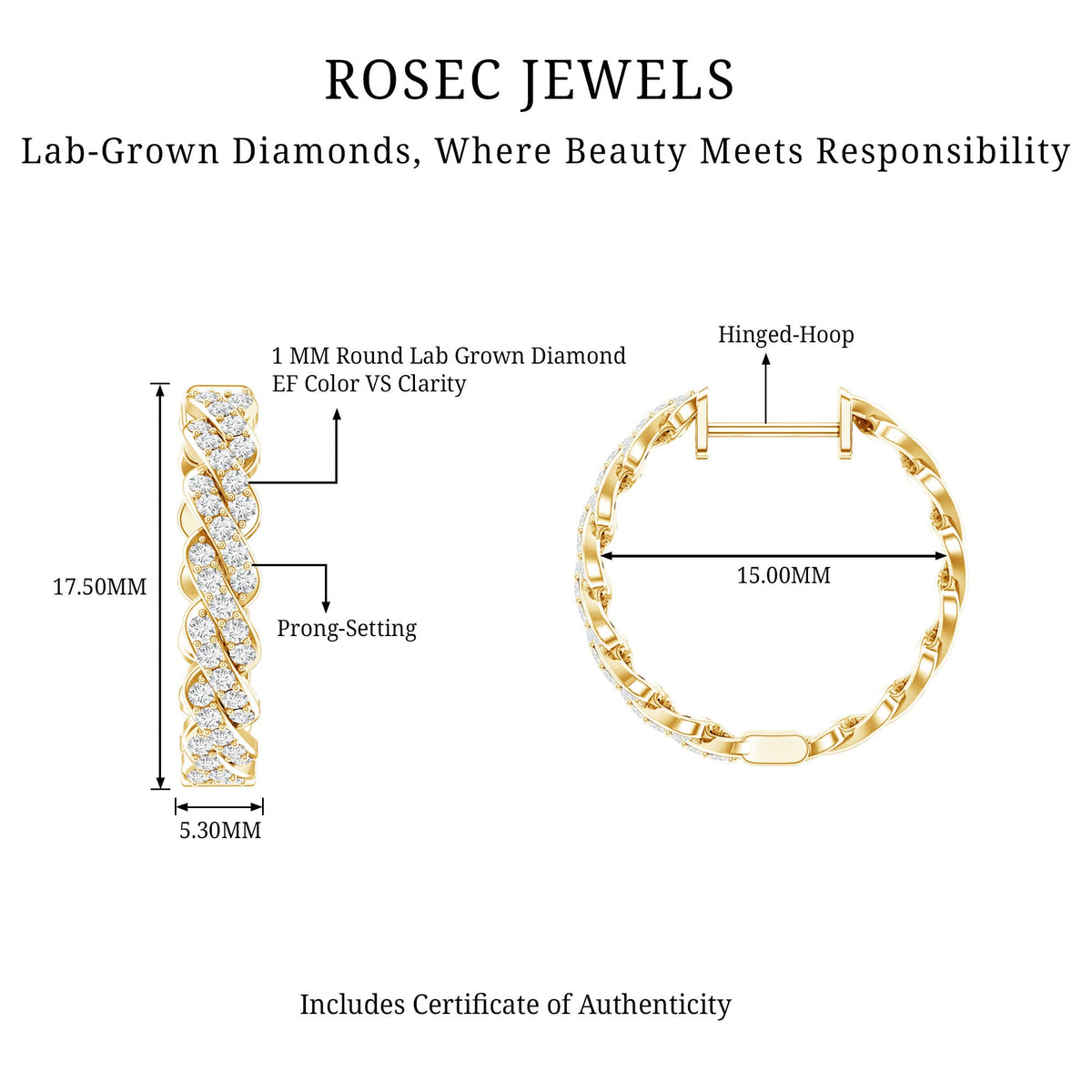 Certified Natural Diamond Twisted Hoop Earrings with Round Brilliant Stones