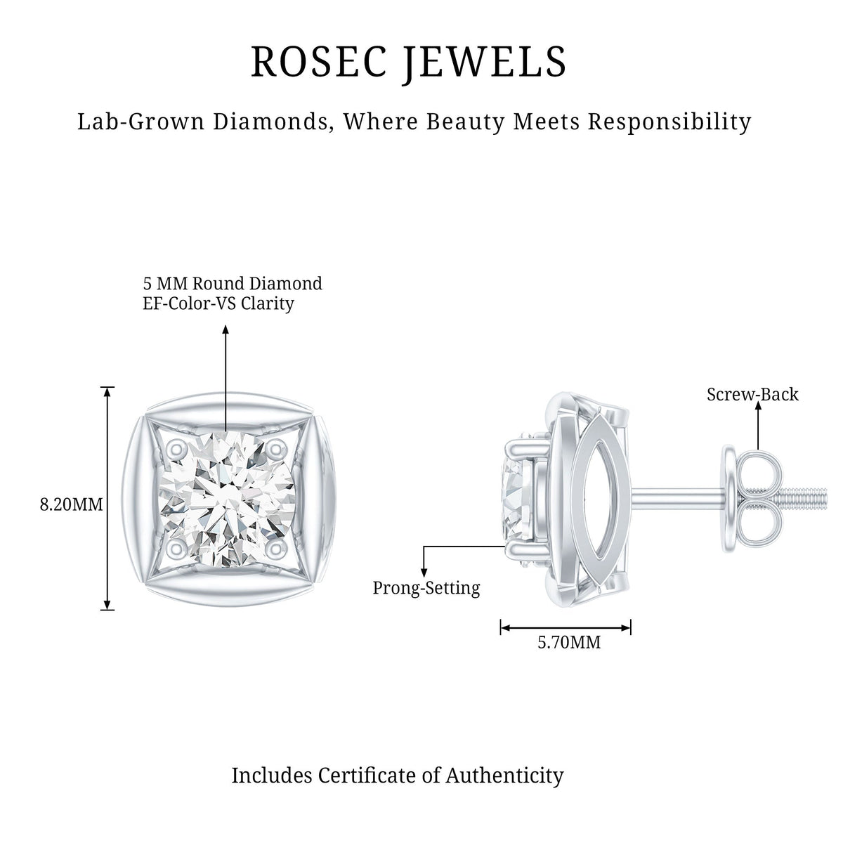 0.9 Carat Round Lab Grown Diamond Stud Earrings With Screw Back