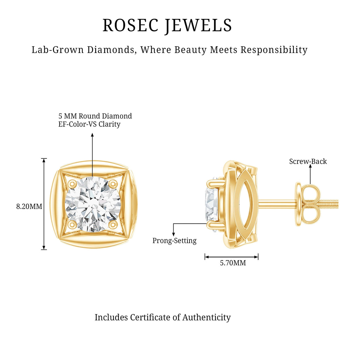 0.9 Carat Round Lab Grown Diamond Stud Earrings With Screw Back