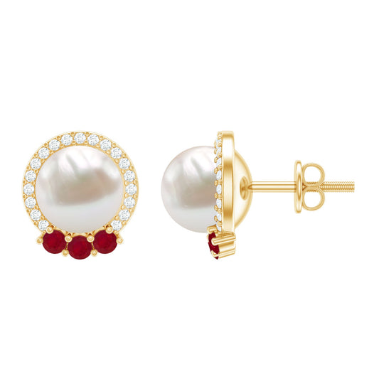 Round Freshwater Pearl Stud Earrings with Ruby and Diamond Halo