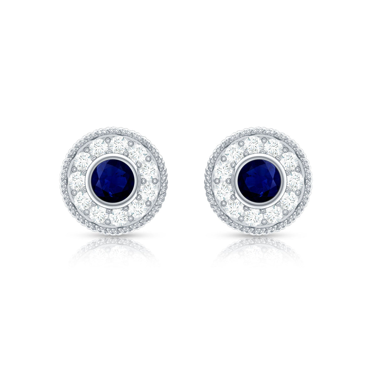 Antique Blue Sapphire and Diamond Halo Stud Earrings