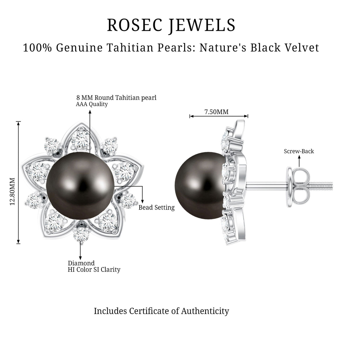 Genuine Tahitian Black Pearl and Diamond Flower Stud Earrings