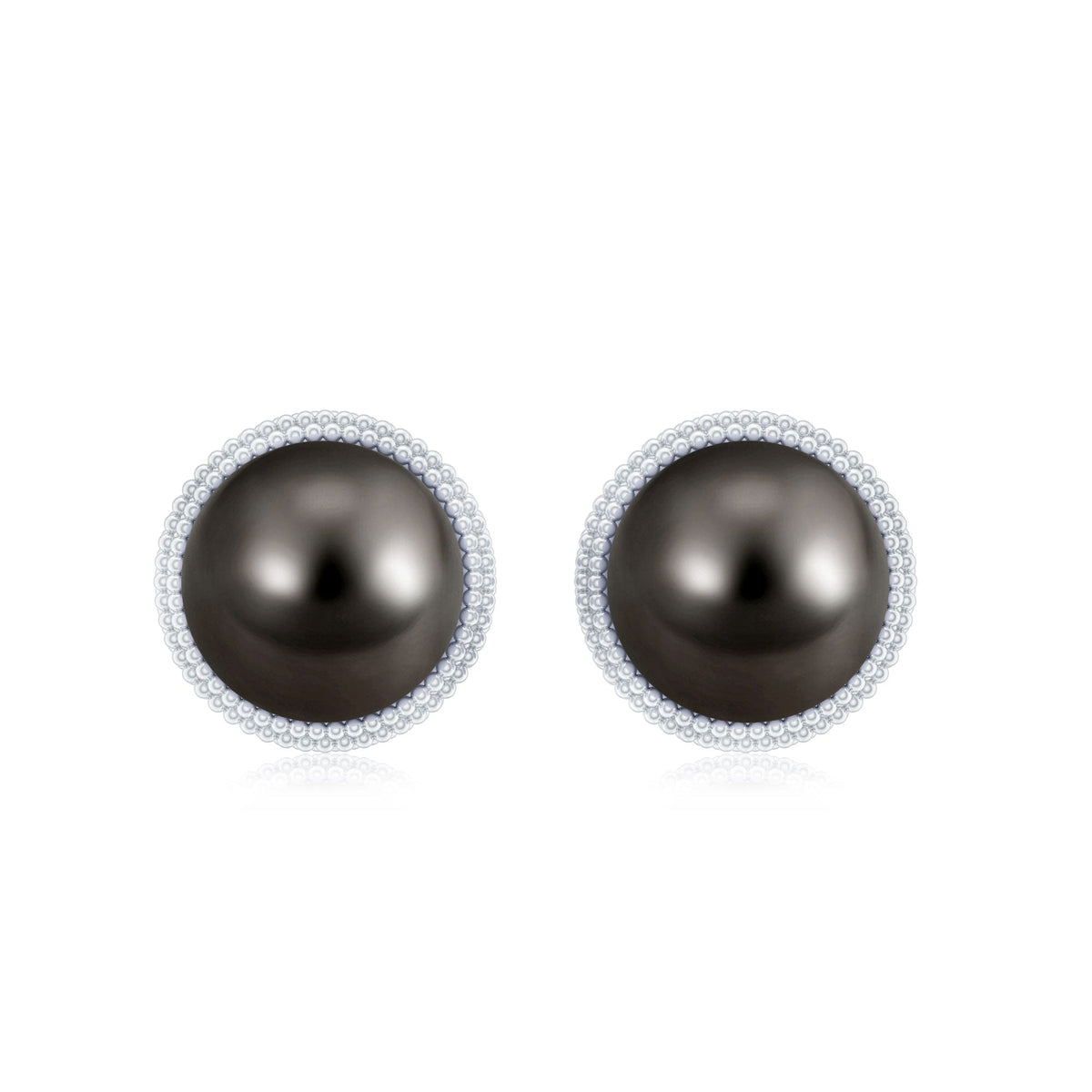 15 Carat Tahitian Black Pearl Solitaire Stud Earrings with Beaded Detail