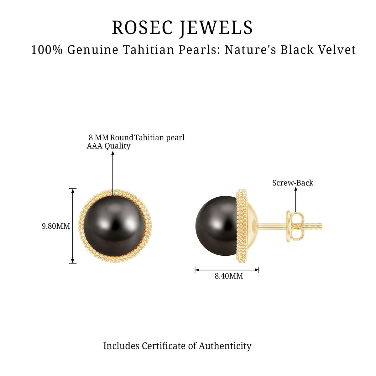 15 Carat Tahitian Black Pearl Solitaire Stud Earrings with Beaded Detail