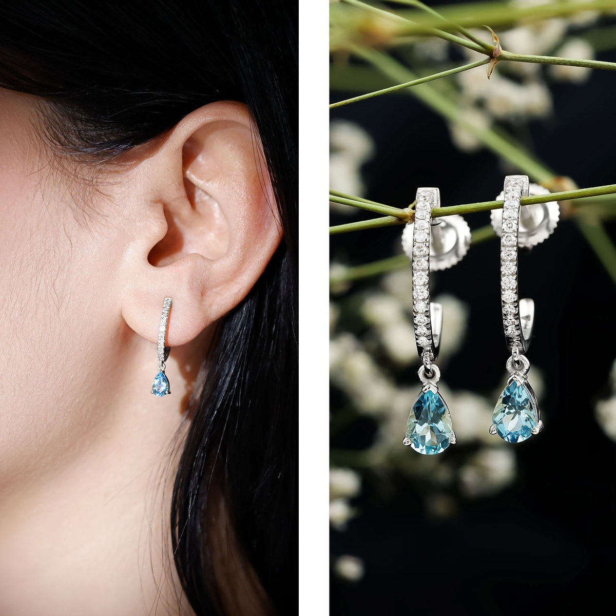 Aquamarine and Diamond Hoop Drop Earrings