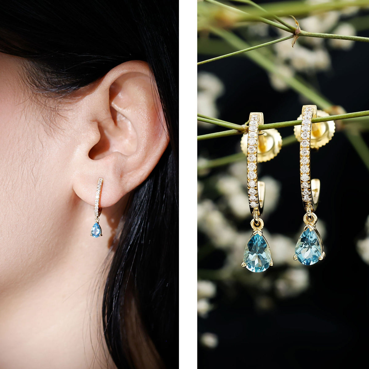 Aquamarine and Diamond Hoop Drop Earrings