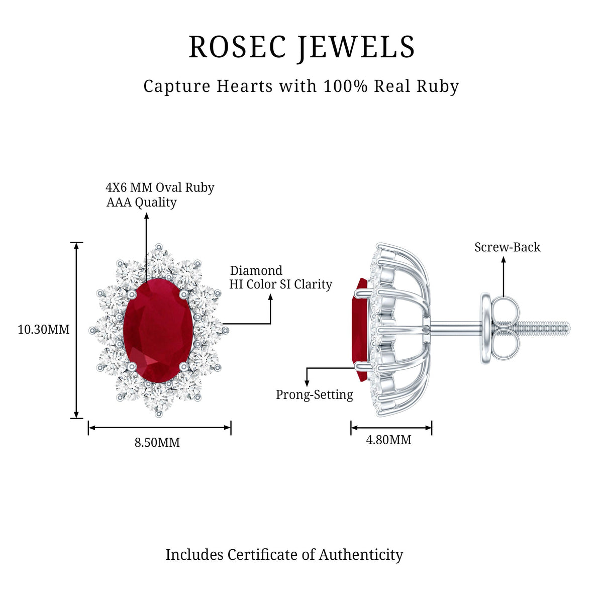 Genuine Oval Cut Ruby and Diamond Halo Stud Earrings