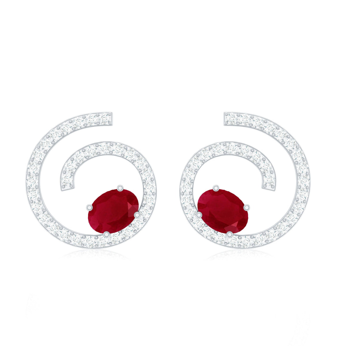 1 CT Oval Cut Ruby and Diamond Swirl Stud Earrings