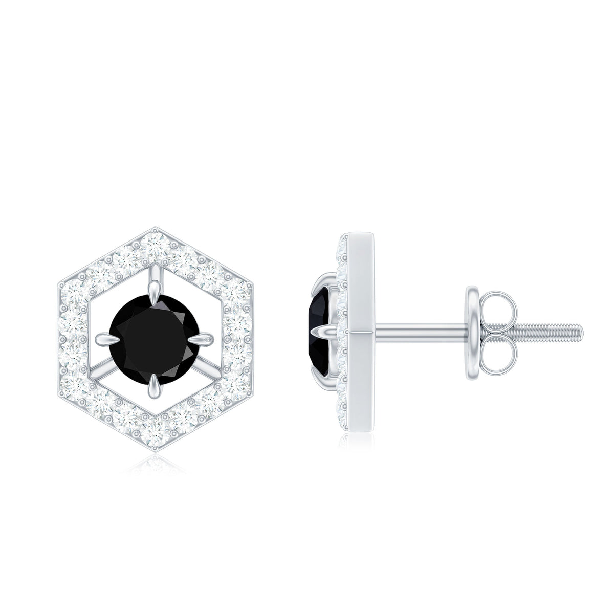 0.9 Carat Black Spinel and Diamond Hexagon Stud Earrings