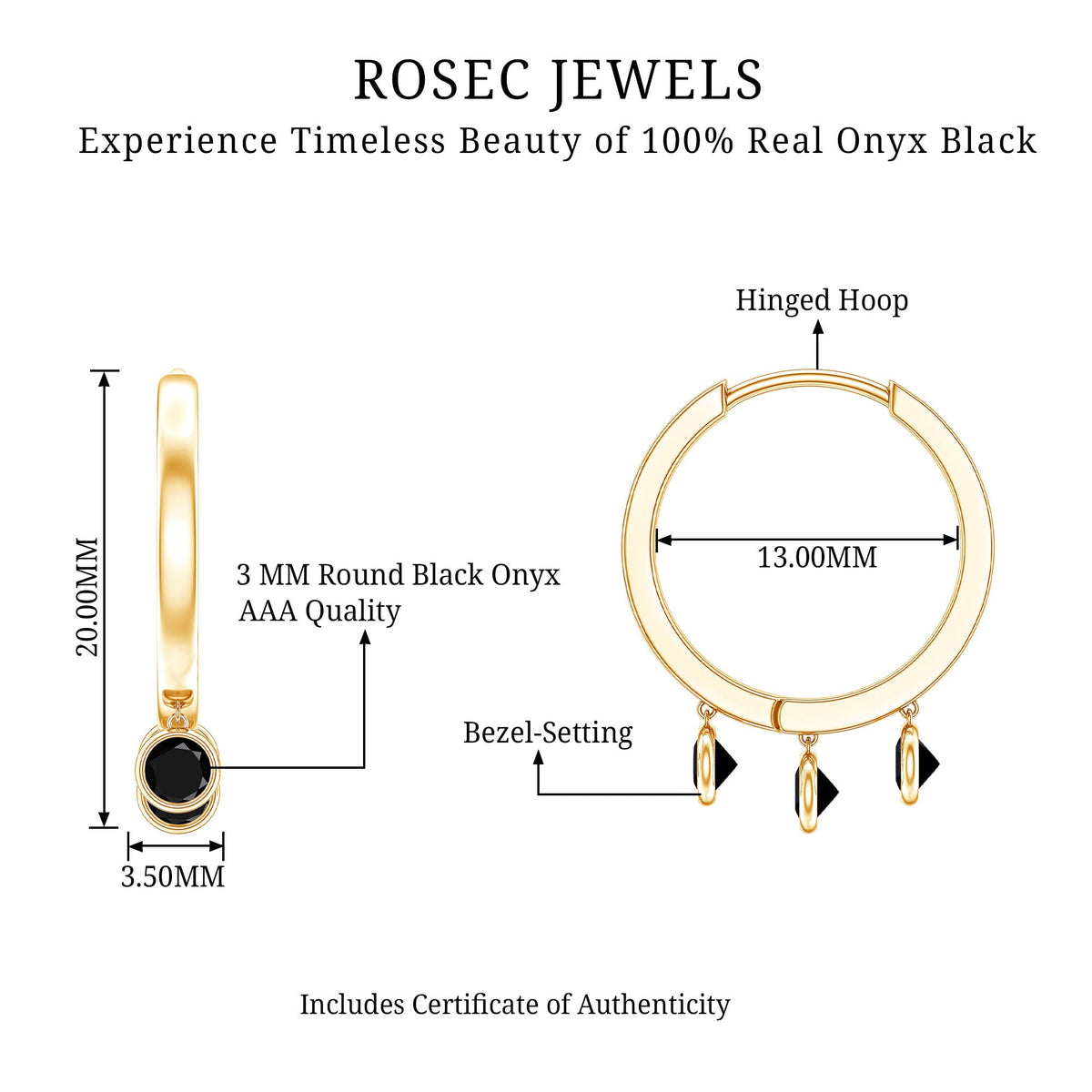 Genuine Black Onyx Hinged Hoop Drop Earrings