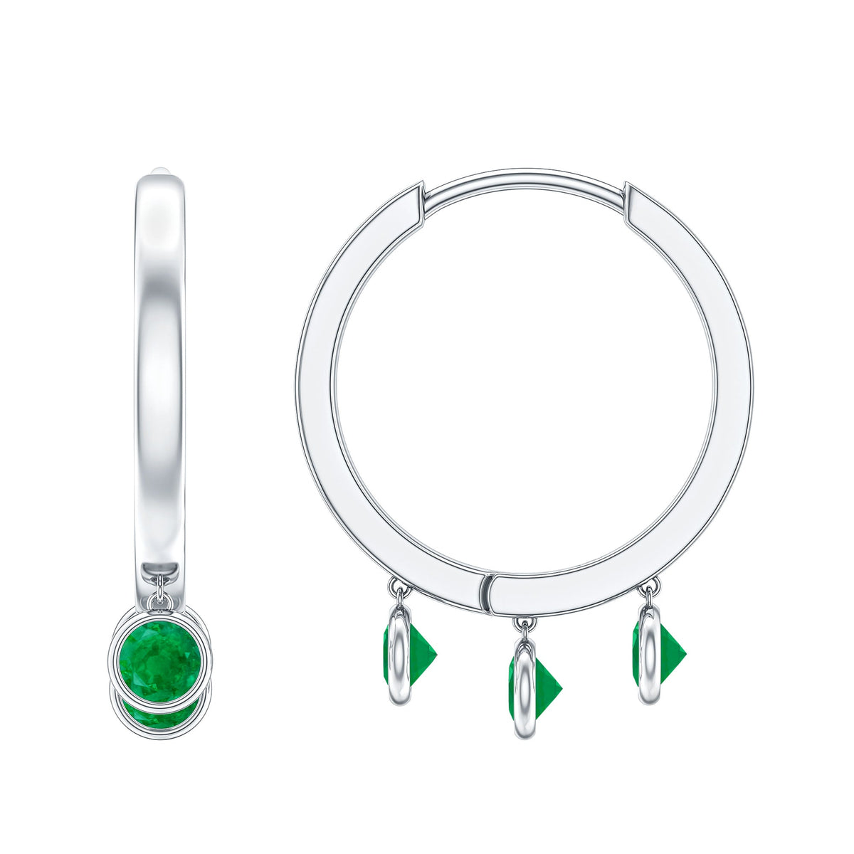 Certified Real 3 Stone Emerald Drop Hoop Earrings