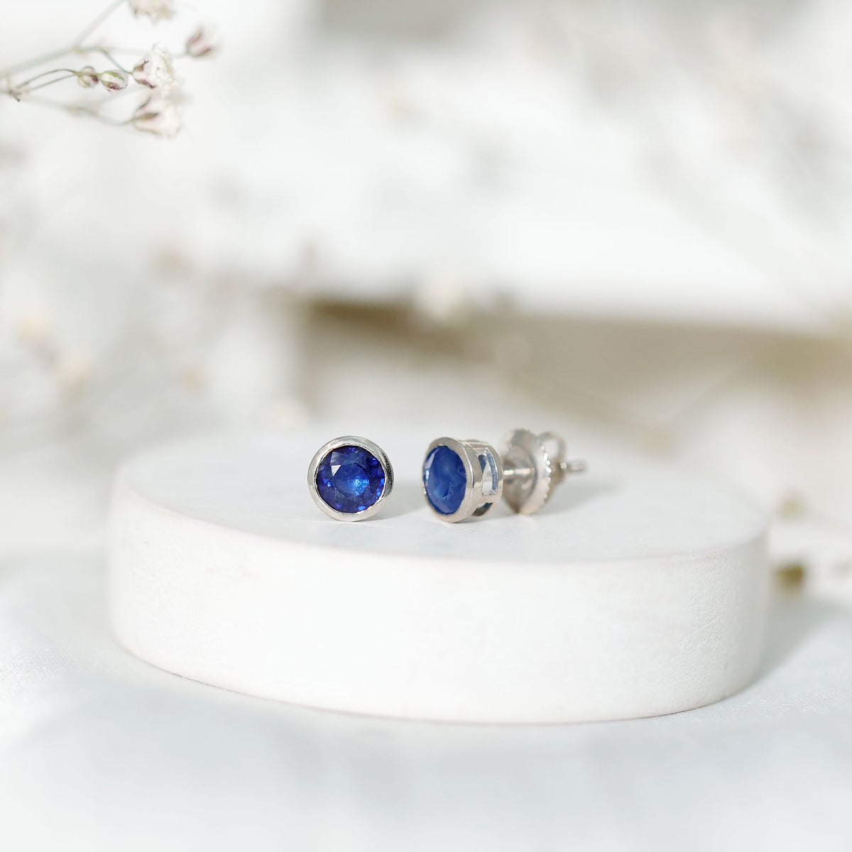 1.9 Carat Bezel Set Blue Sapphire Solitaire Stud Earrings