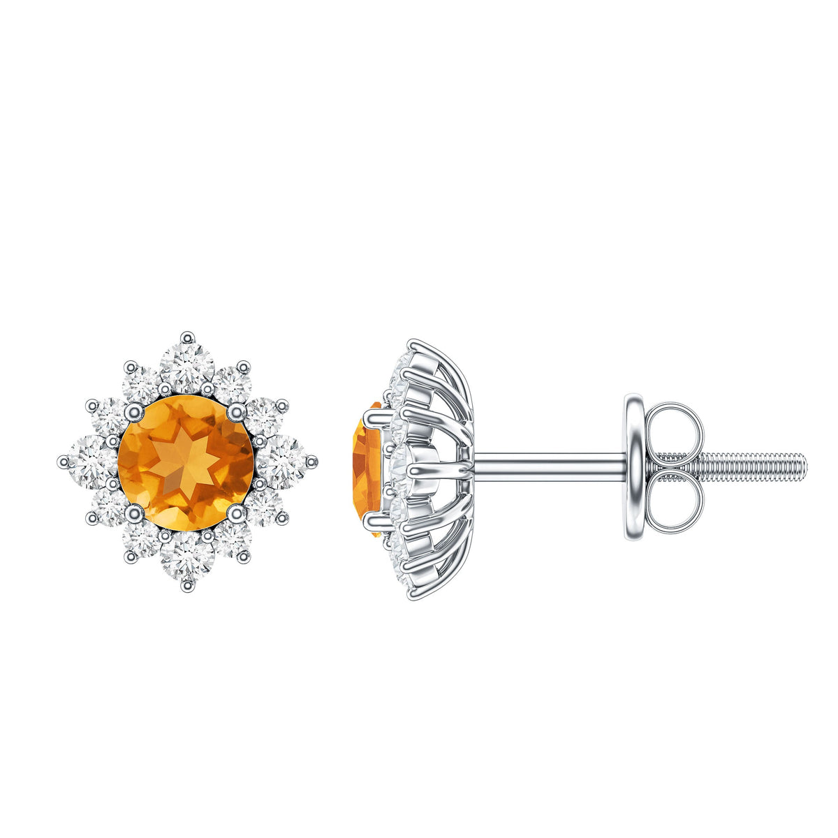 1 CT Classic Citrine Stud Earrings with Diamond Halo