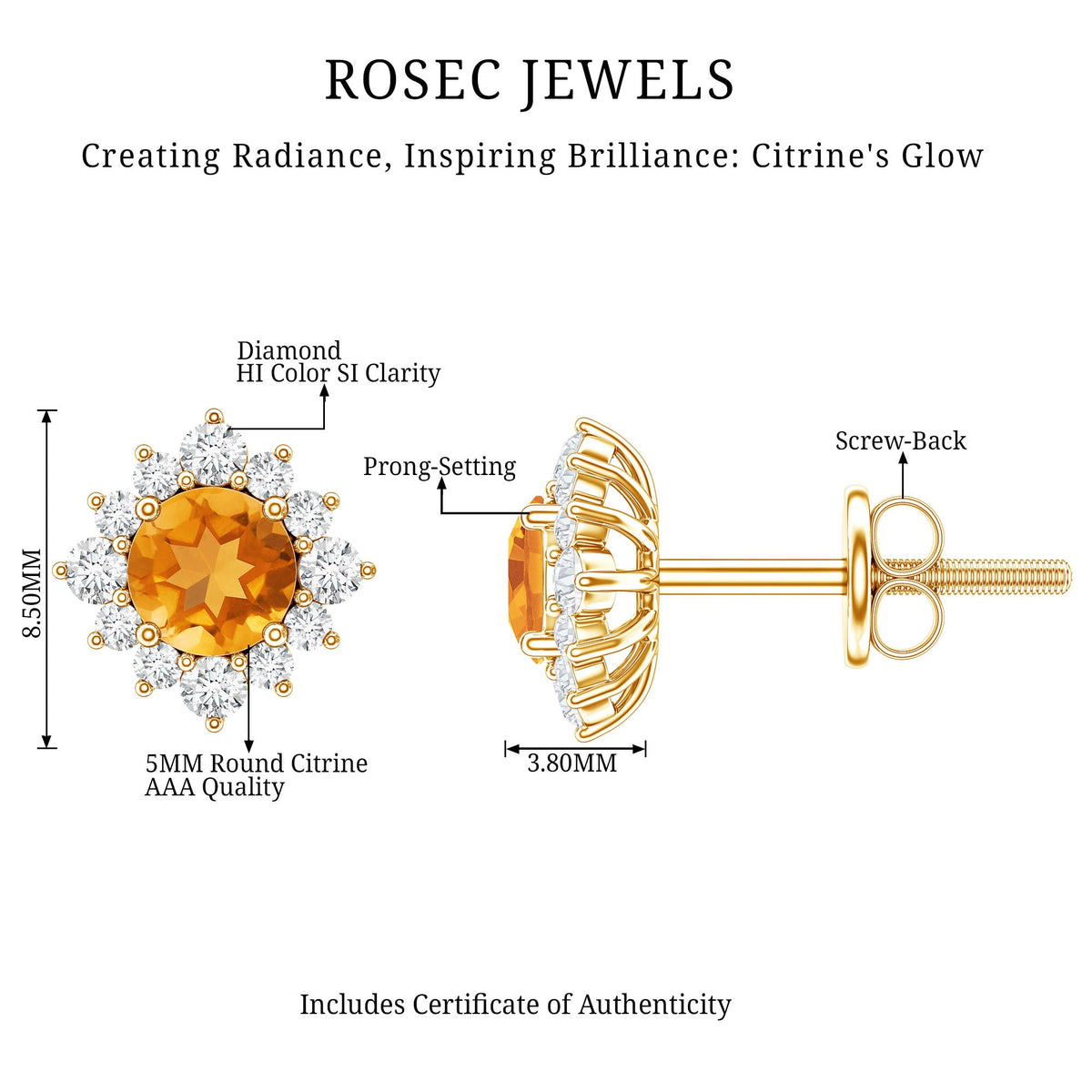 1 CT Classic Citrine Stud Earrings with Diamond Halo
