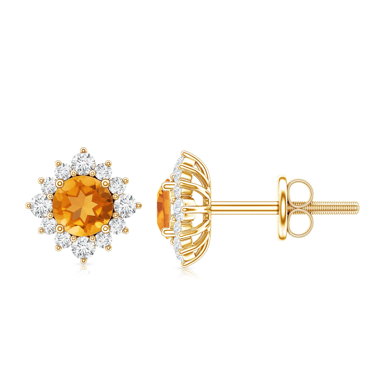 1 CT Classic Citrine Stud Earrings with Diamond Halo