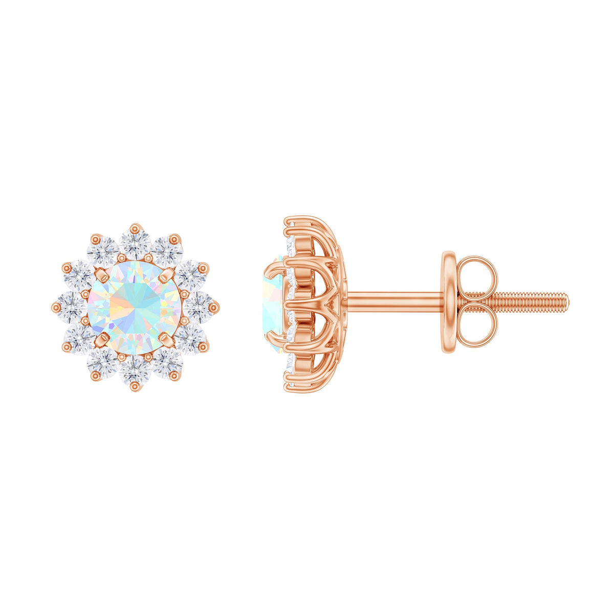 Real Ethiopian Opal Flower Stud Earrings with Diamond Halo