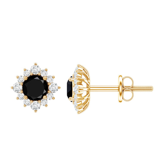 0.9 Carat Black Spinel and Diamond Classic Halo Stud Earrings