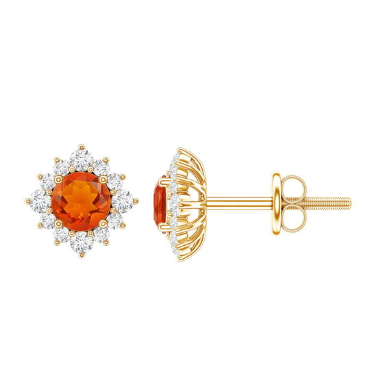 0.9 Carat Classic Fire Opal Stud Earrings with Diamond Halo
