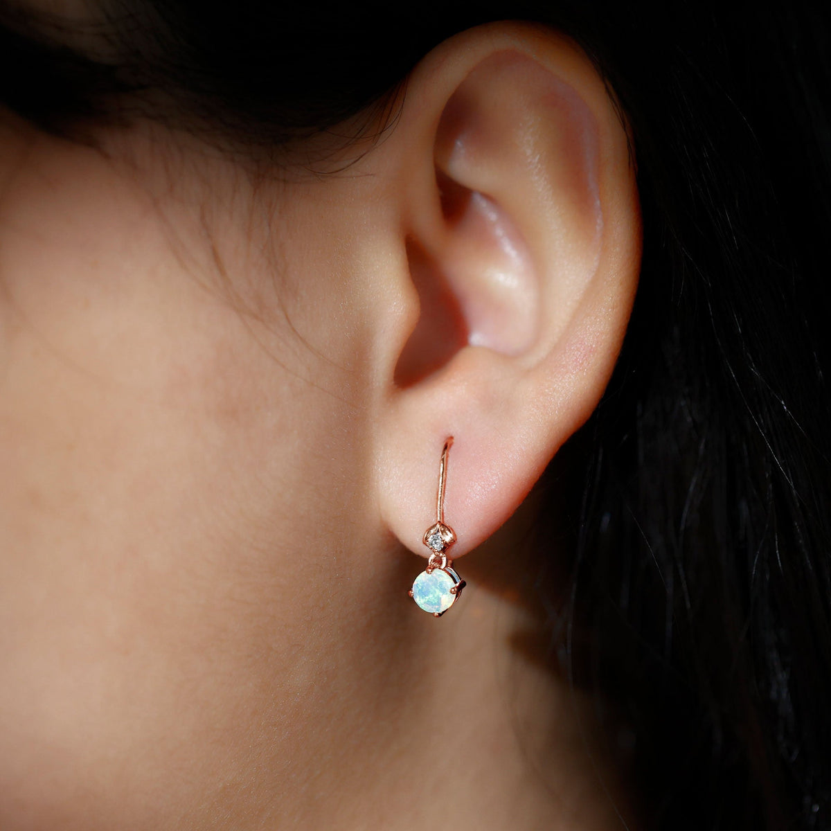 Round Ethiopian Opal and Diamond Drop Earrings with Fish Hook