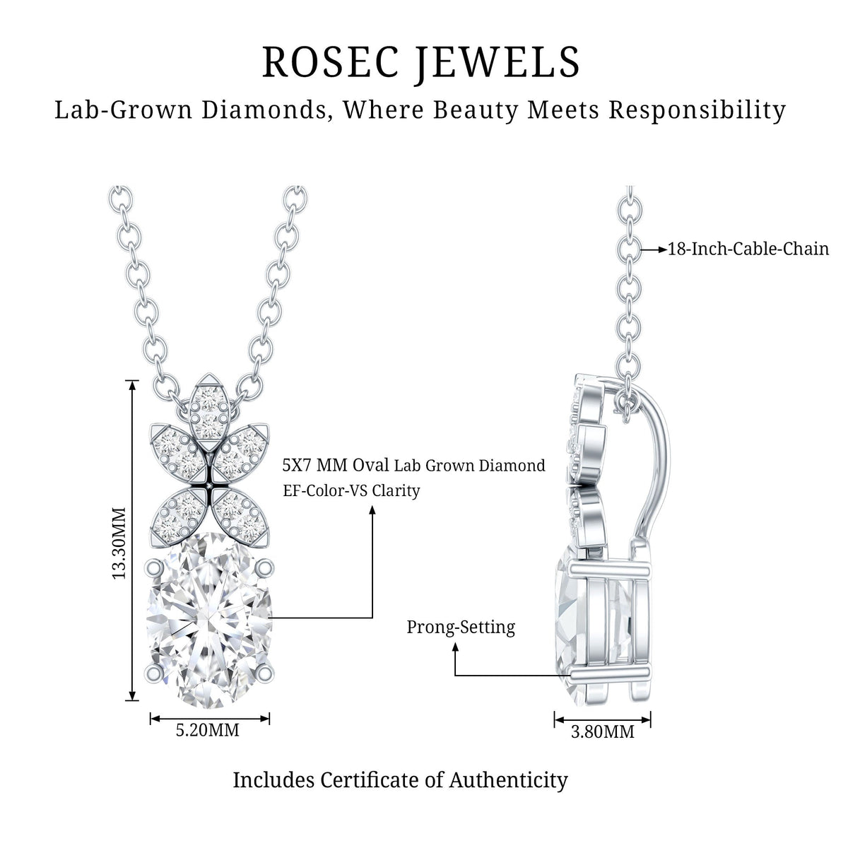 0.7 Carat Oval Shaped Lab Grown Diamond Flower Pendant