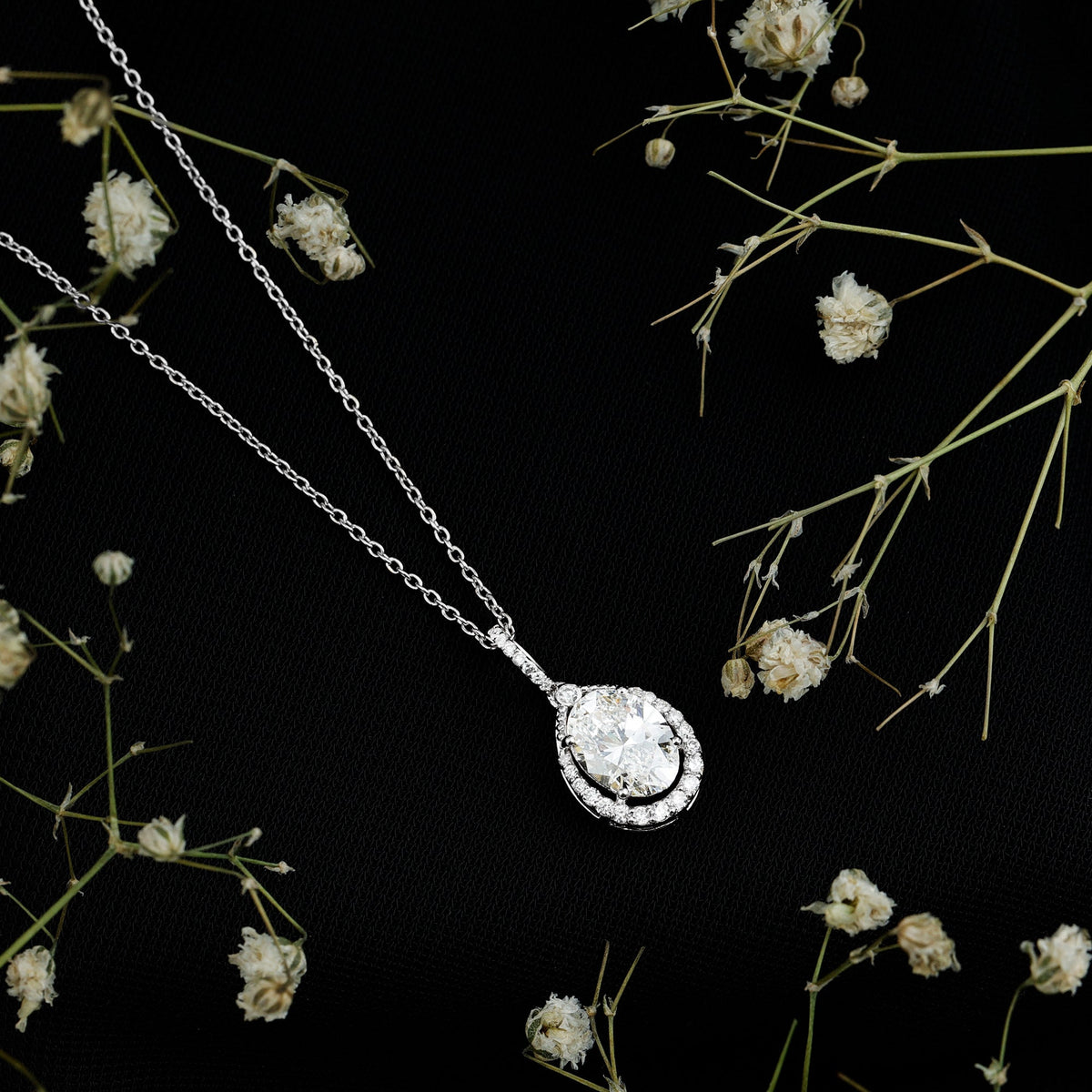 1 Carat Oval Lab Grown Diamond Teardrop Halo Necklace For Women