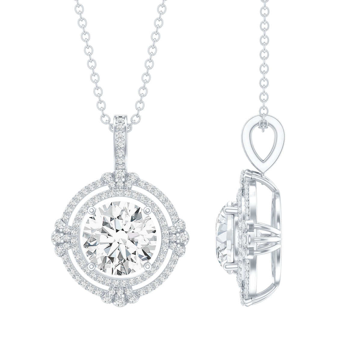 2 Carat Lab Grown Diamond Double Halo Necklace With Decorated Bail