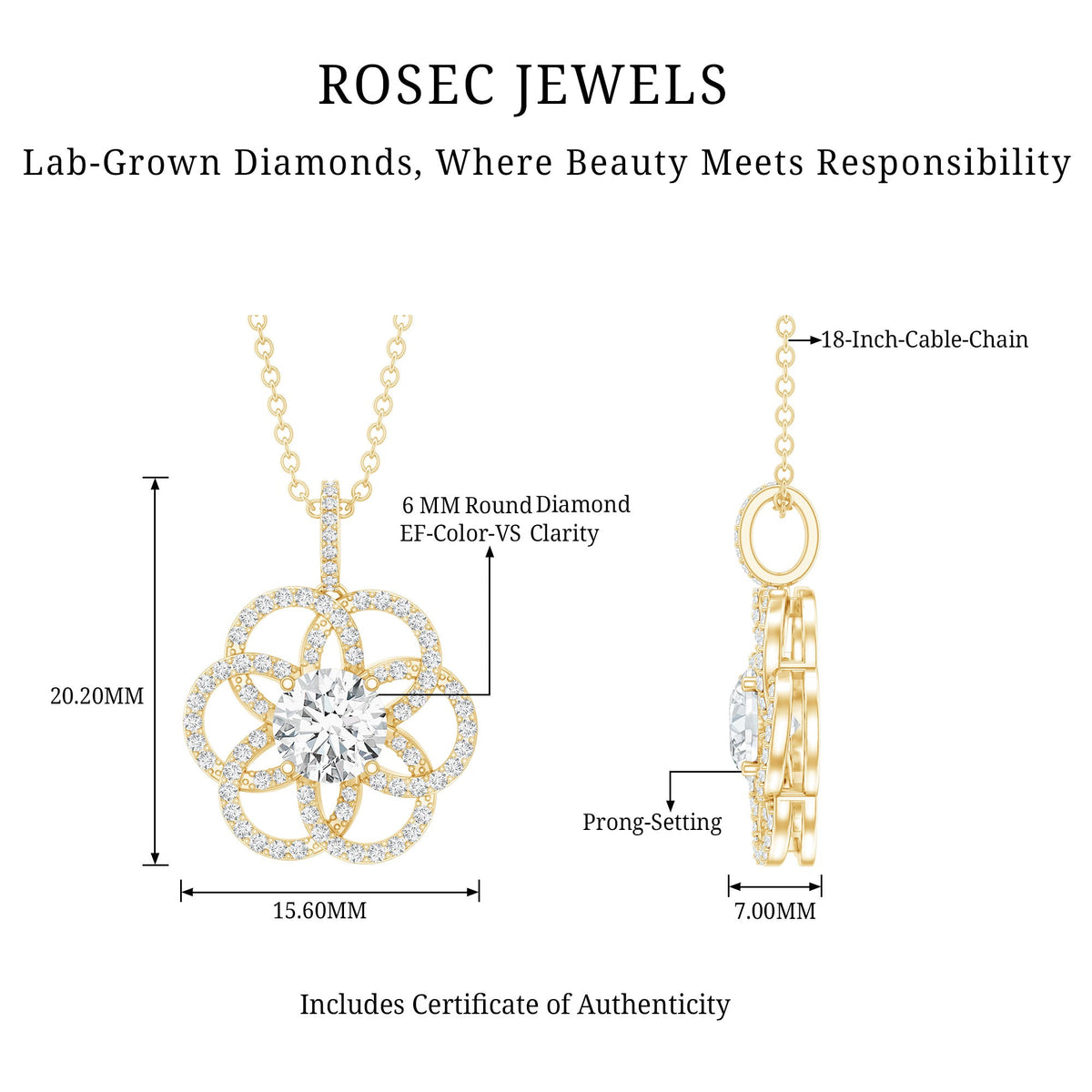 0.9 Carat Round Lab Diamond Flower Bridal Necklace