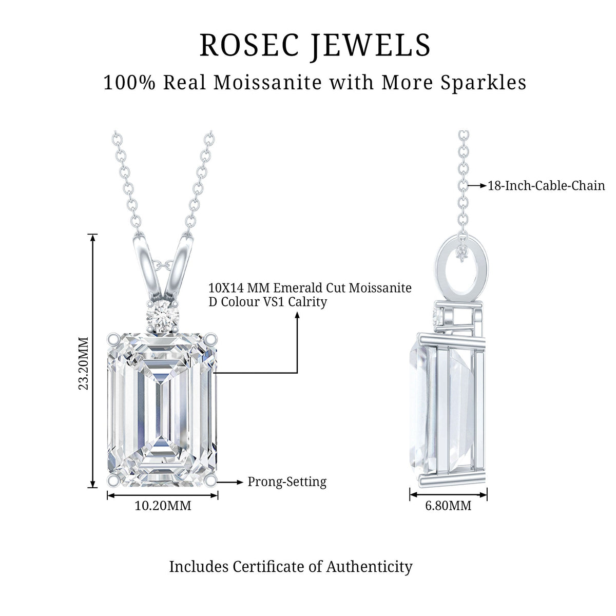 4.5 Carat Moissanite Emerald Cut Necklace With Silver Chain