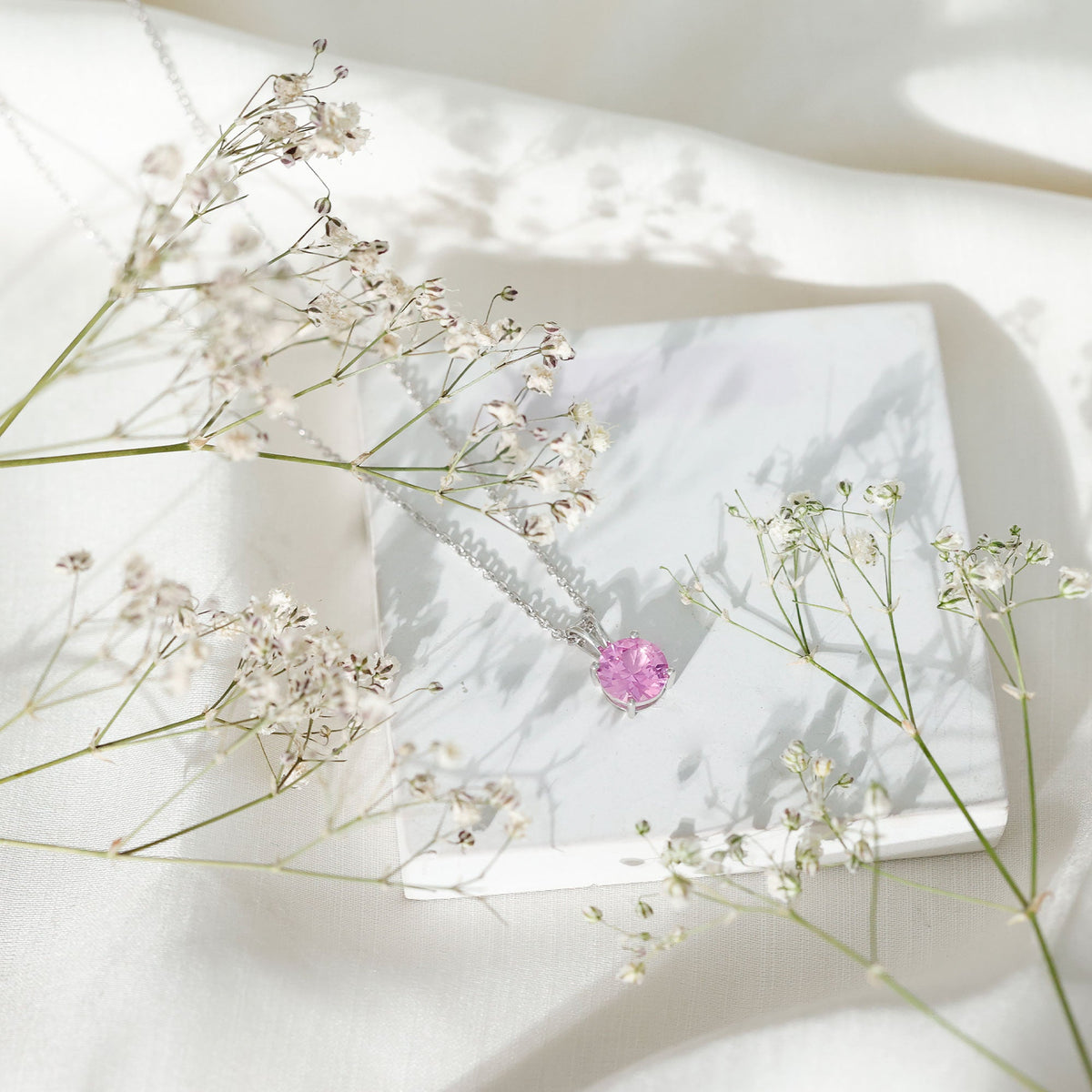 2 Carat Lab Grown Pink Sapphire Solitaire Necklace with Silver Chain