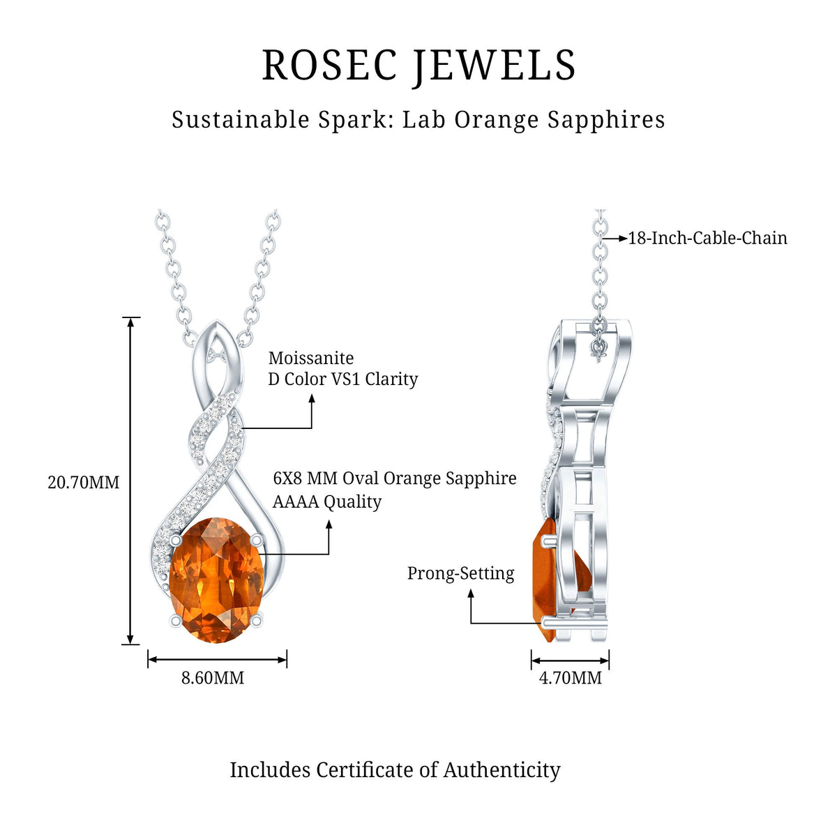 1.5 Carat Lab Grown Orange Sapphire Infinity Pendant Necklace in Sterling Silver
