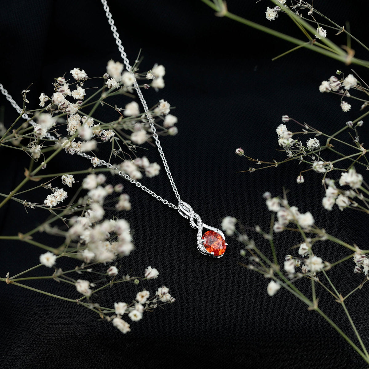 1.5 Carat Lab Grown Orange Sapphire Infinity Pendant Necklace in Sterling Silver