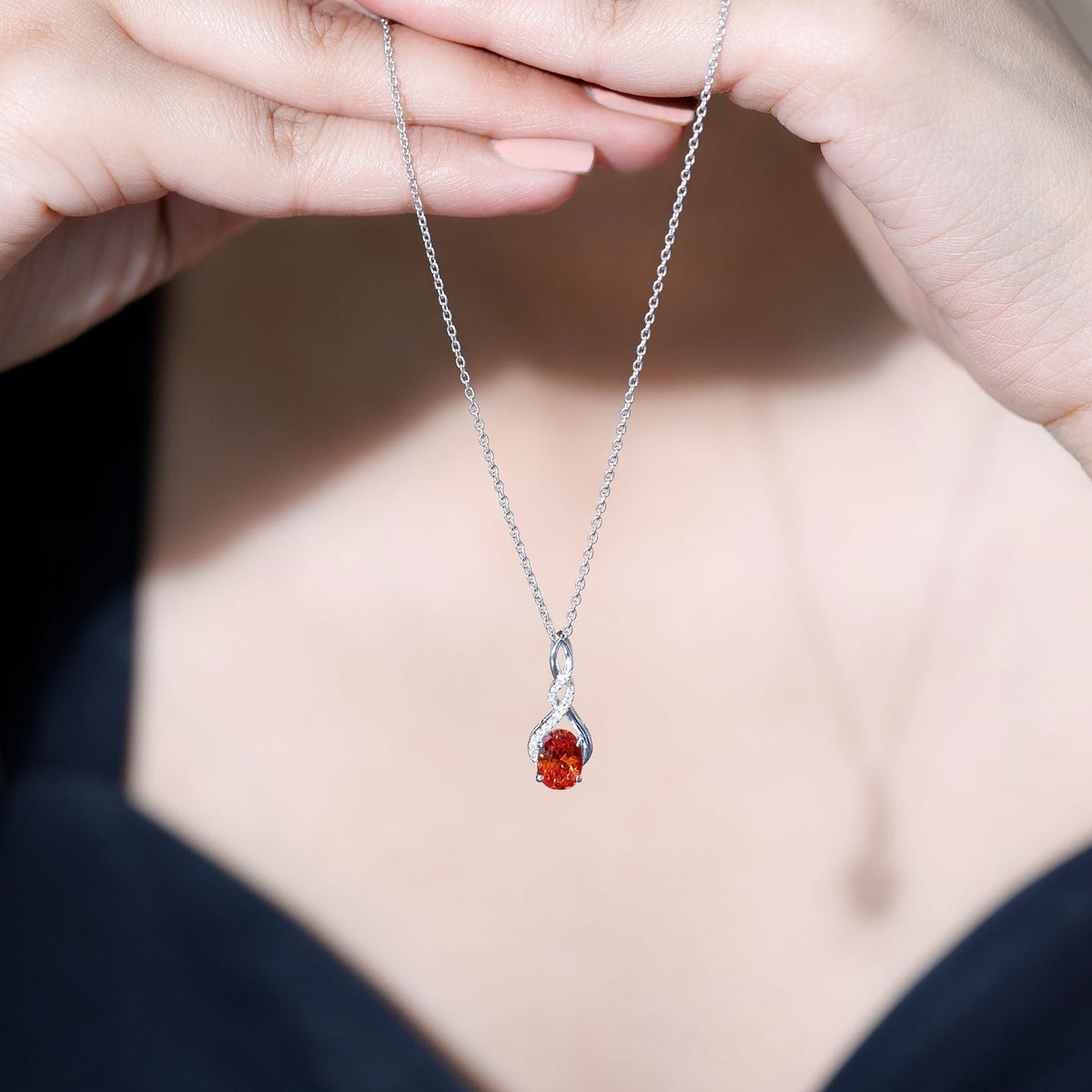 1.5 Carat Lab Grown Orange Sapphire Infinity Pendant Necklace in Sterling Silver